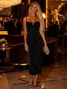 Cider NWT Black Sequin Midi Evening Cocktail Dress Size L